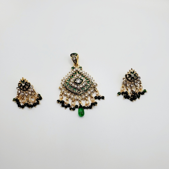 3 PC set Indian bohemian wedding kundan gold emerald jadau earrings necklace set - Picture 6 of 16